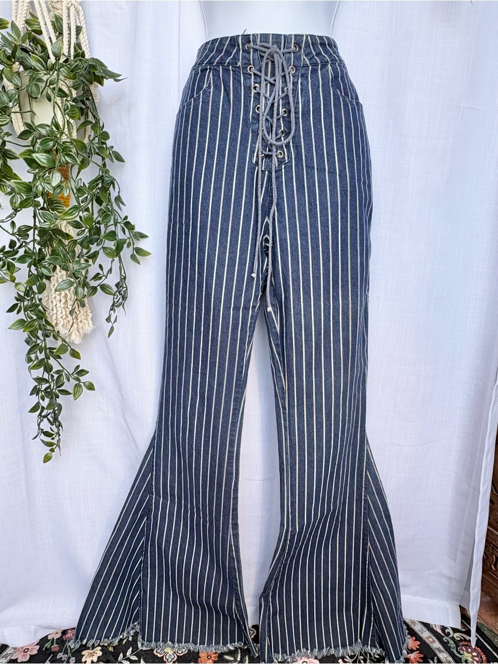 Chrysanthemum Ultra Flare Multicolor Pinstripe Lace-Up Denim Jeans - 10L Long